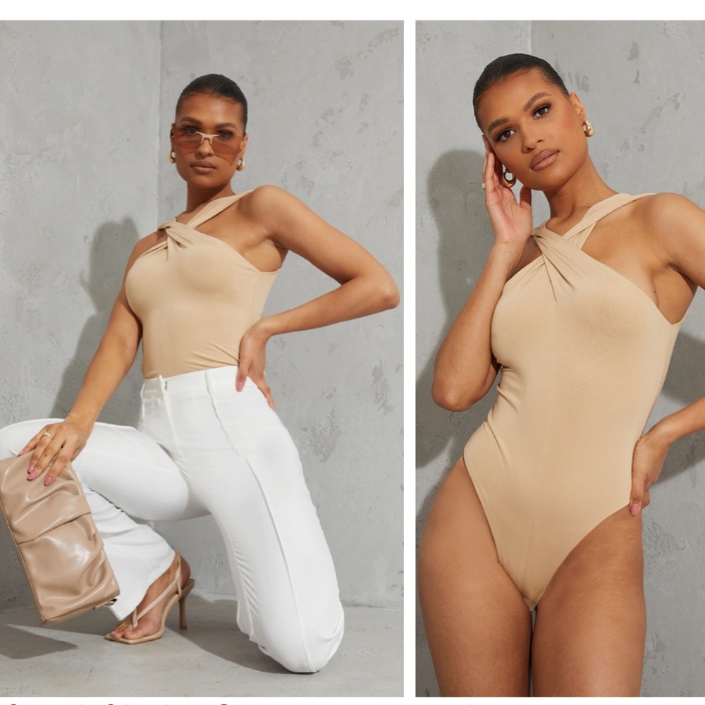 Khaki Cross Front Bodysuit. Spandex material